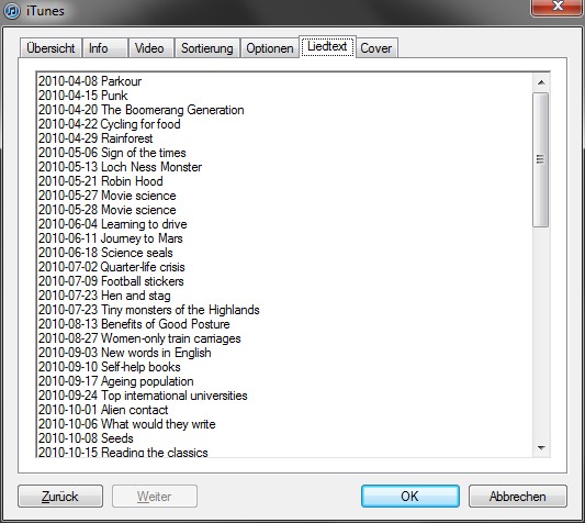 iTunes-Eigenschaften-Liedtext
